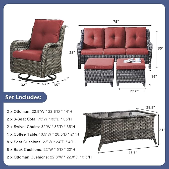 Rilyson Wicker Patio Furniture Set - 7 Piece Rattan Outdoor Sectional Conversation Sets with 2 Rocking Swivel Chairs,2 Ottomans,2 Sofa and 1 Coffee Table for Porch Deck Garden(Mixed Grey/Red)