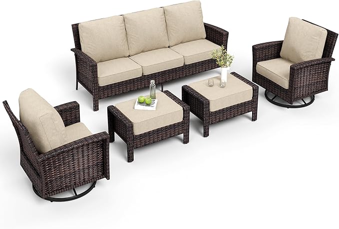 5-Piece Wicker Patio Furniture Set with Swivel Chairs, High Back Outdoor Furniture with 5.5-inch Thick Cushion and Ottoman, All-Weather Wicker Patio Conversation Set for Deck Yard Pool, Beige