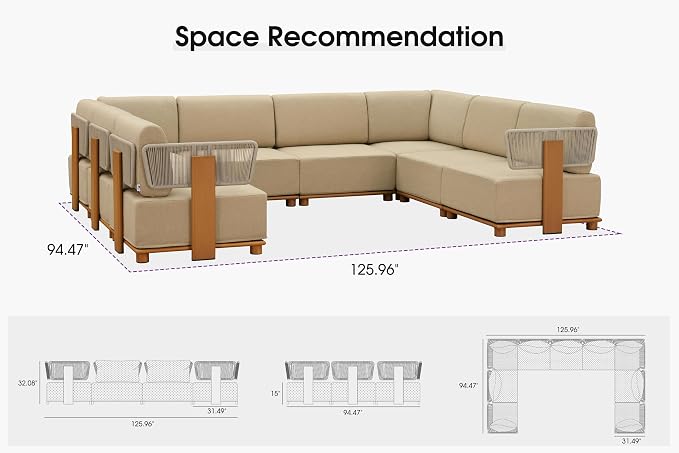 PURPLE LEAF Patio Furniture Set Modular U-Shaped Outdoor Sectional Sofa with 11" Thick Olefin Cushion 10-Piece Outdoor Conversation Set with Coffee Lights for Patio Backyard Garden Poolside, Beige