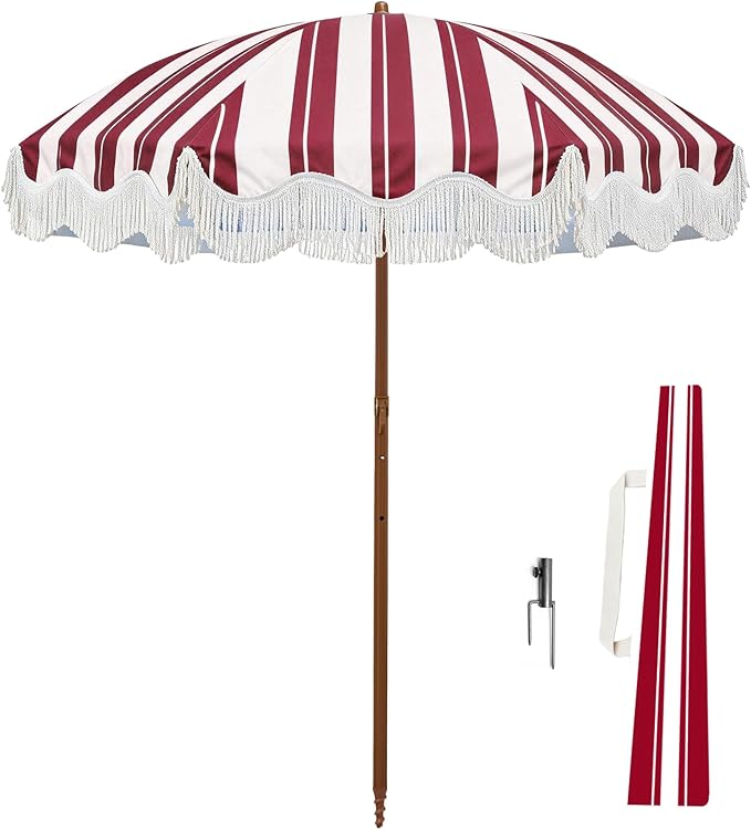 Rayjee 6.5FT Patio Umbrella with Fringe, UV Protection Beach Umbrella with Tilt & Adjustable Height, Includes Carry Bag & Ground Stake, Outdoor Umbrella for Pool, Garden, Backyard