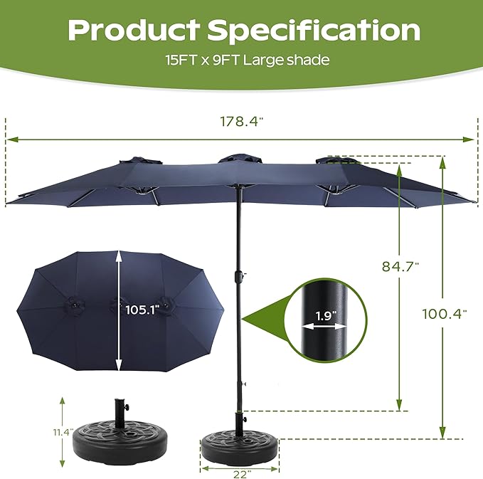 15ft Umbrella Outdoor Patio - Double-Sided Large Market Rectangle Umbrellas with Crank Handle for Patio Garden Yard Pool (No Base)