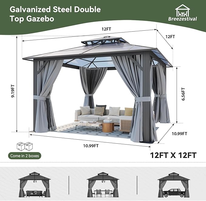 12’x12’ Hardtop Gazebo with Double Polycarbonate Roof Outdoor Metal Gazebo Sturdy Aluminum Frame & Removable Curtains, Netting Permanent Pavilion Pergola for Garden,Patio,Lawn (Gray)