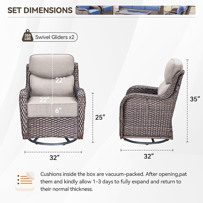 HUMMUH 2PCS Patio Furniture Set with 6-inch Thick Cushion, High Back Outdoor Swivel Rocker Patio Chairs, Wicker Conversation Set for Porch Deck and Poolside (V3)