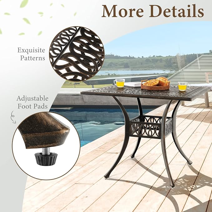 Tangkula 35.4 Inches Outdoor Dining Table, All-Weather Cast Aluminum Table with Umbrella Hole, 4 Person Square Dining Table for Garden, Backyard and Poolside