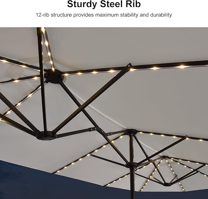 PURPLE LEAF 15ft Patio Market Umbrella with Solar LED and Base Double-Sided Rectangle Outdoor Table Sun Umbrellas with Crank for Pool Beach Deck Backyard Cream
