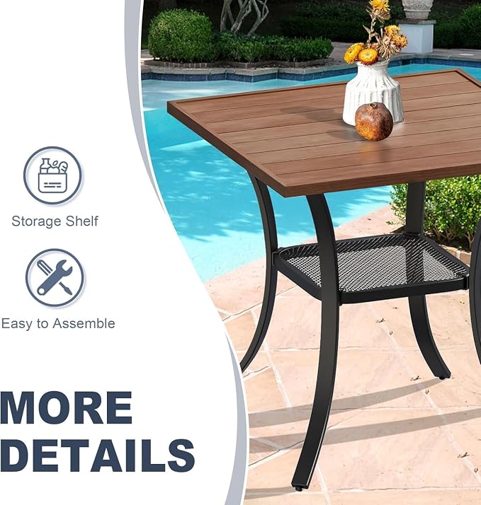 VICLLAX 3 Pieces Patio Outdoor Dining Set, 2 Swivel Textilene Chairs and 27.6" Square Metal Table with Storage for Porch, Deck, Garden, Walnut/Brown