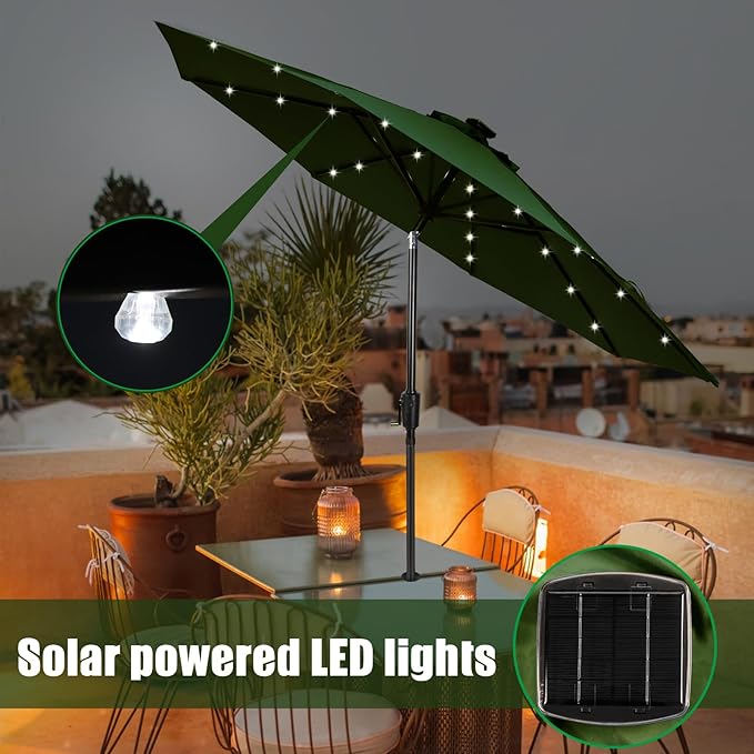 HERMOCE 9FT Solar Umbrella 32 LED Patio Umbrellas with Tilt and Crank,Table Market Outdoor Umbrella for Garden,8 Ribs