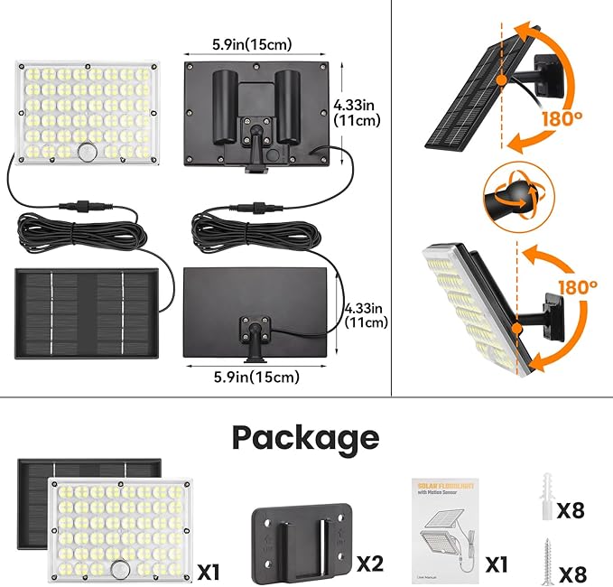 Solar Lights Outdoor Waterproof Motion Sensor Security Lights, Upgraded Convex Lens 150% Bright, 184 LED, 3 Modes, 16.4 ft Cord, Outdoor Light for Patio, Porch, Backyard, Garage