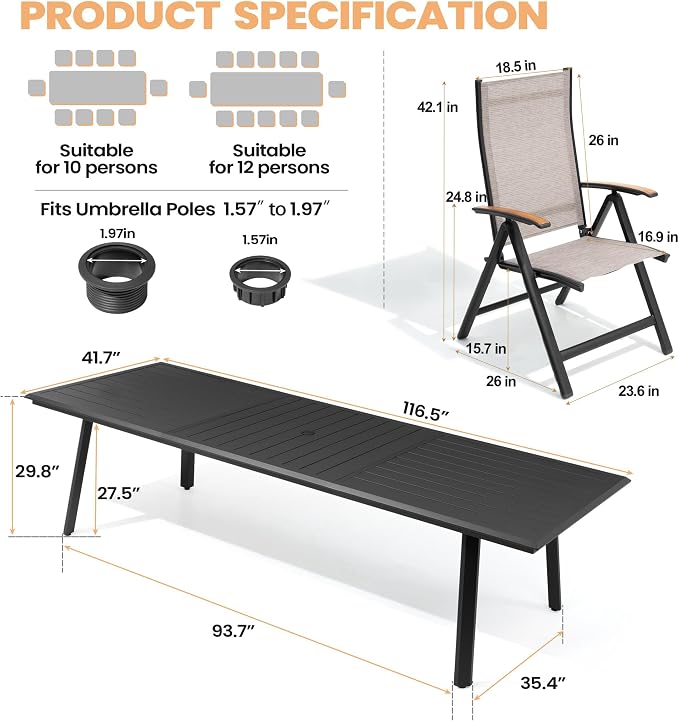 Pellebant 13 Pieces Aluminum Patio Table and Chairs Set - 118" Rectangular Table and Foldable Chairs Outdoor Dining Set with Umbrella Hole, Weather Resistant Sturdy Frame for Deck, Porch & Backyard
