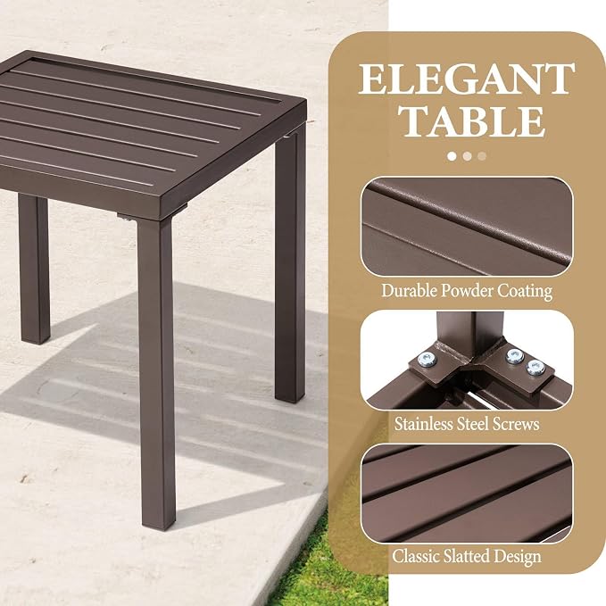Crestlive Products Outdoor Side Table Set of 2, Small Square Metal End Table Weather Resistant Pool Side Tables for Patio Balcony(Brown)