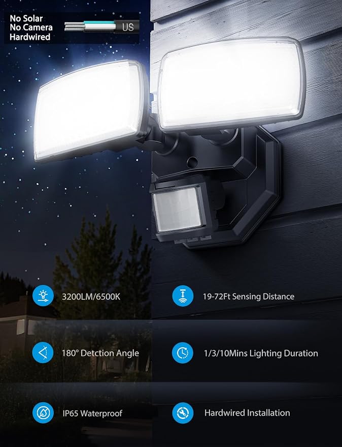 Onforu 32W 2 Head Motion Sensor Outdoor Lights, 3200LM 6500K LED Security Light Hardwired, Dusk to Dawn, Motion Detector Light for Outside, IP65 Waterproof Flood Lights for Garage, Yard(Black)