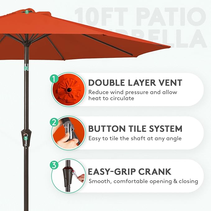 JEAREY 10FT Outdoor Patio Umbrella Outdoor Table Umbrella with Push Button Tilt and Crank, Market Umbrella 8 Sturdy Ribs UV Protection Waterproof for Pool, Garden (Orange)