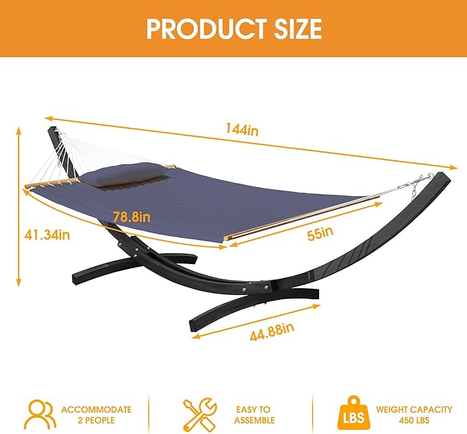 Lazy Daze Hammocks 12 FT 2 Person Double Quilted Hammock with Curved Steel Heavy Duty Stand and Pillow for Outside, Backyard, Patio, 450 Lbs Capacity, Dark Grey