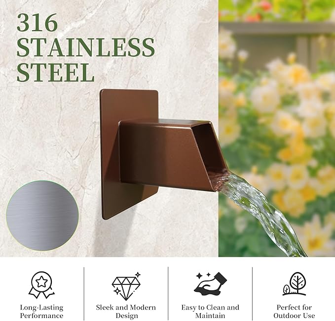 316 Stainless Steel 1.2-Inch Wall-Mounted Water Spout - Durable Outdoor Garden Square Waterfall Spillway with Integrated Spray Baffle, Modern Design for Patio and Landscaping (Brown)