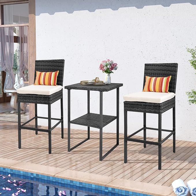 Sundale Outdoor Wicker Bar Table, 36 Inch Counter Height Patio High Top Dining Table, Rattan Bistro Pub Table with Storage Shelf for Deck Poolside Balcony Garden, Charcoal Gray