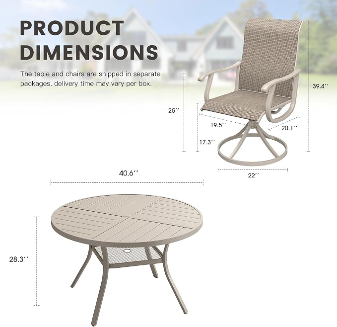 Outdoor Dining Set for 4, 40.7" Metal Round Outdoor Dining Table with Umbrella Hole and Sling Patio Swivel Chairs, 5 Pieces Patio Table and Chairs Set for Garden Backyard, Sandshell