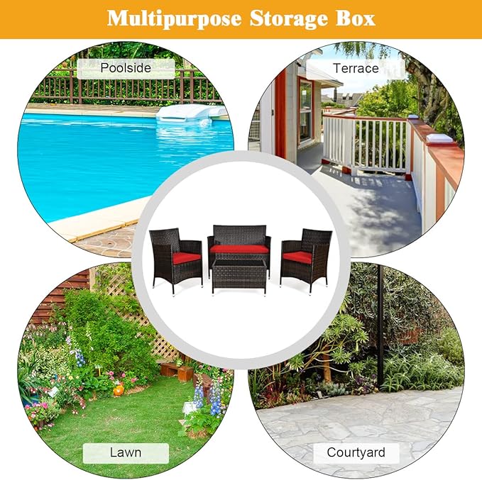 8 Pieces Patio Sofa Set, Wicker Conversation Set with Ergonomic Curved Backrest, Water-Resistant Cushion & Tempered Glass Table for Balcony, Porch (Red)
