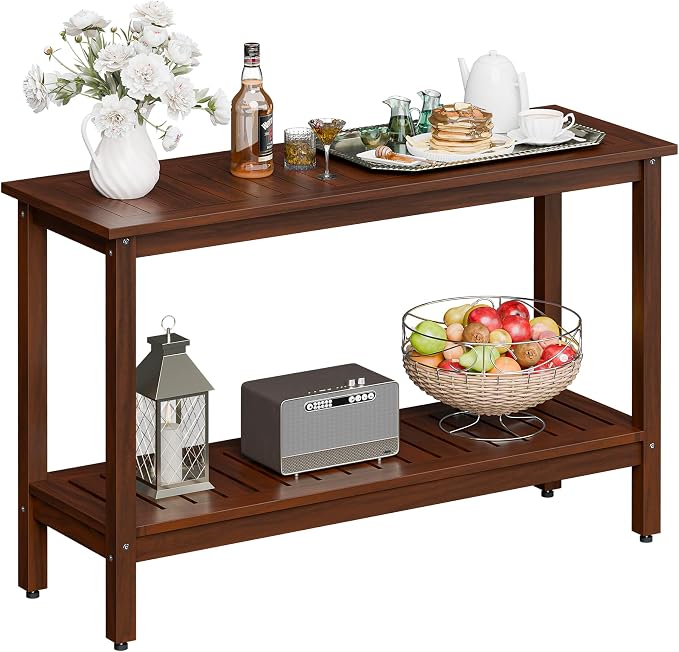 Wooden Console Table, 48in 2-Shelf Solid Wood Patio Side Table, Indoor Outdoor Buffet Bar Organizer with Foot Sliders (Espresso)