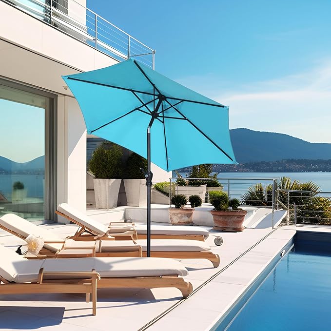GDY 7.5FT Patio Umbrella Outdoor Table Umbrella,Market Umbrella with Push Button Tilt and Crank for Garden, Lawn, Deck, Backyard & Pool (Blue)