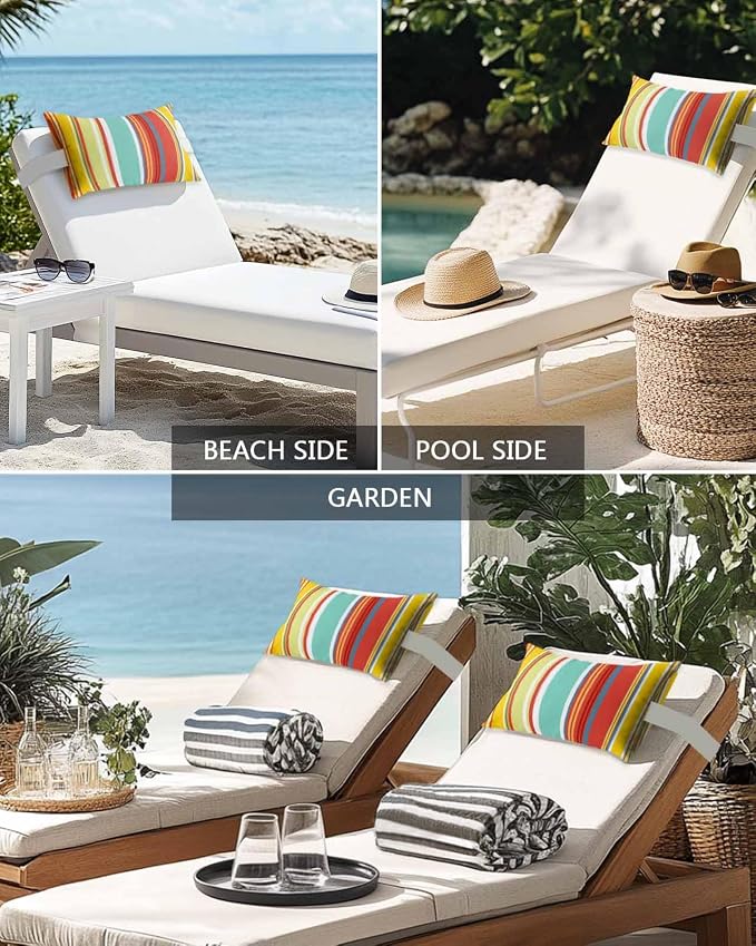 Outdoor Pillows Covers with Inserts Colorful Stripes Red Yellow Teal Green Wood Texture Waterproof Pillow with Adjustable Strap Throw Pillows for Patio Furniture Recliner Lounge Chair, 11" x 16", 1PCS