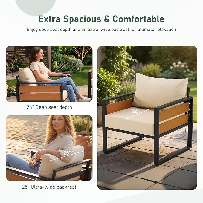 Furnimart Patio Furniture Set, 4-Piece Metal Outdoor Sectional, 4-Seat Patio Conversation Set with Deep Seating, Thick Cushions & Coffee Table for Backyard, Porch & Deck, Beige