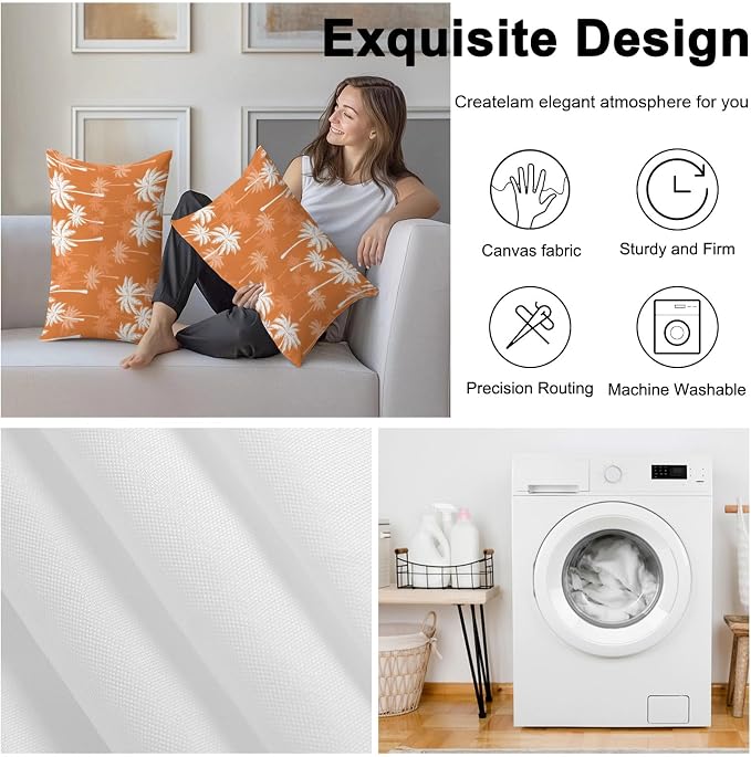 Lumbar Pillow Covers 20x12 Inch Set of 2, Tropical Palm Tree Waterproof Outdoor Pillow Covers, Orange White Plants Coastal Leaf Beach Decorative Cushion Pillowcases for Couch, Sofa, Bed, Garden, Patio