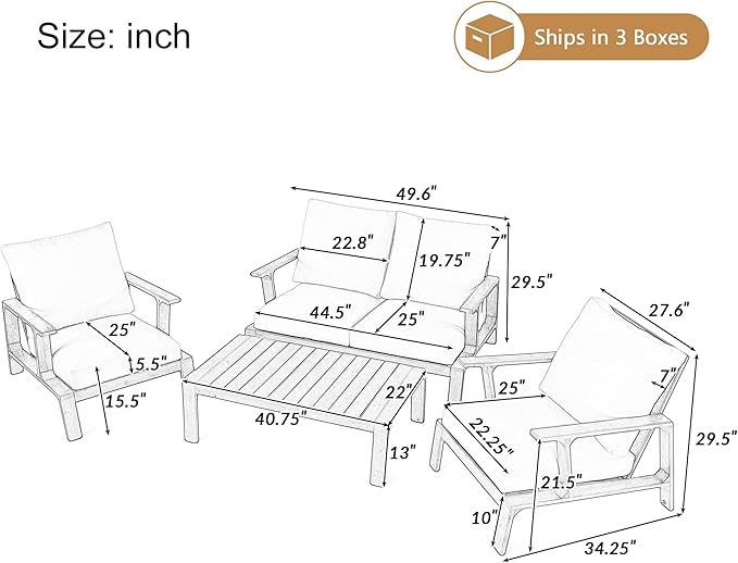 4-Pieces Acacia Wood Patio Furniture Set, All-Weather Sectional Sofa Set w/ 2 Chairs, Loveseat & Coffee Table, Outdoor Conversation Set with Cushions for Garden Backyard Porch Balcony (Brown Finish)