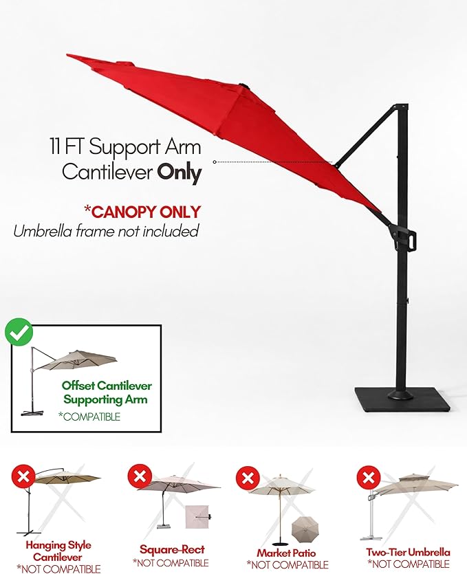 Formosa Covers Cantilever Umbrella Replacement Canopy TOP ONLY for 11 Foot 8 Rib Outdoor Patio Offset Umbrella Fabric Round Octagonal Top, Easy to Install, Rib Length 64" to 66"