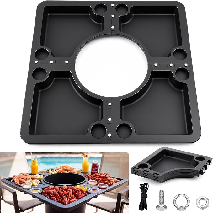 Vercraft 40 x 40 Inch Four-in-one Detachable Seafood Crawfish Event Table Plastic Lobster Boil Table with 4 Large Serving Areas and 8 Beverage Holders for Crawfish Boils, BBQ, Camp, Tailgating, Picnic