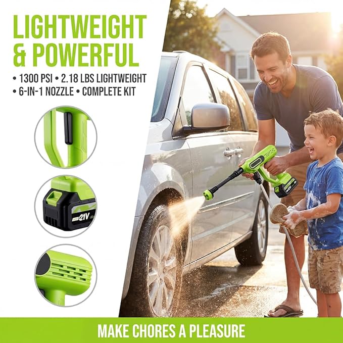 Cordless Portable Washer, 2026 Upgraded 1800 Psi Battery Powered Handheld Washer with 6-in-1 Nozzle, Battery Operated Pressure Washer for Car,Home,Bike,Garden Patio, Outdoor Cleaning (Green)