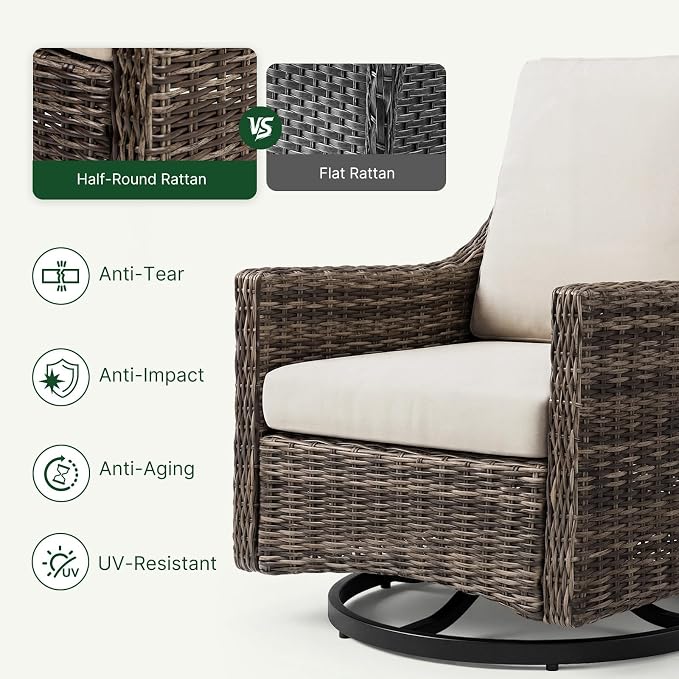 Outdoor Swivel Rocker Patio Chair with Premium Cushion, High Back Wicker Patio Swing Glider for Deck, Porch, Patio and Poolside (Beige, 2 Pcs - Swivel Glider)