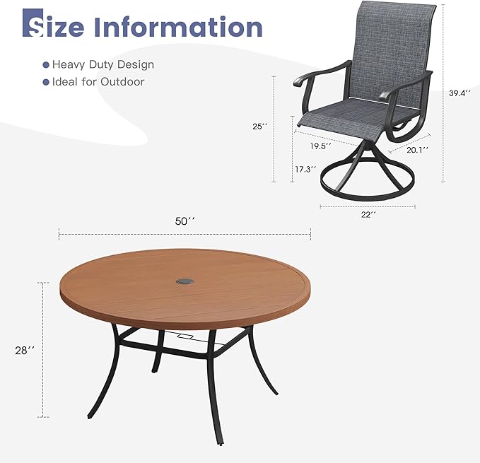 VICLLAX 7 Pieces Outdoor Dining Set, Patio Furniture Set of 6 Patio Swivel Dining Chairs and 50" Patio Round Table, Dark Charcoal Chairs & Walnut Tabletop