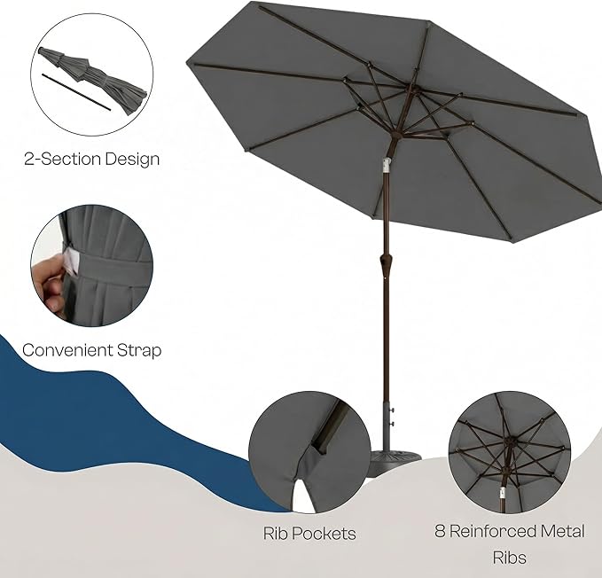 Outdoor Patio Umbrella, 2 Tiers Market Table Umbrella with 8 Sturdy Ribs, Push Button Tilt and Crank, UPF50+ UV Protection for Deck, Pool, Garden and Backyard