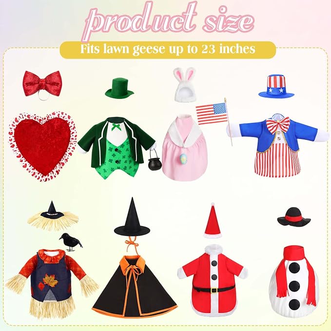 FuWeave 8 Set Holiday Porch Goose Outfits 23'' Goose Clothes Summer Fall Halloween Christmas Winter Thanksgiving Valentine St. Patrick Easter 4th of July Lawn Porch Geese Costume for Patio Yard Decor
