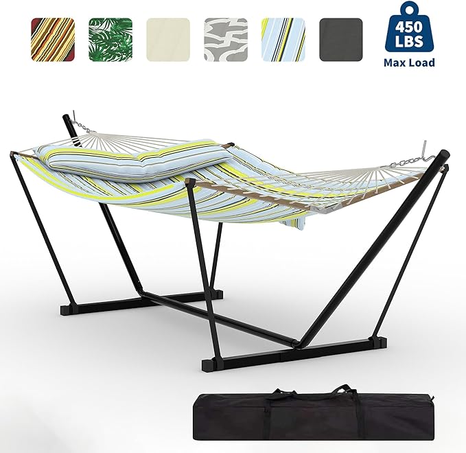 2 Person Outdoor Hammock with Stand, 450LBS Capacity, Heavy Duty Hammock with Carrying Bag & Soft Pillow, Portable Indoor Outdoor Hammock, Perfect for Backyard Patio Beach