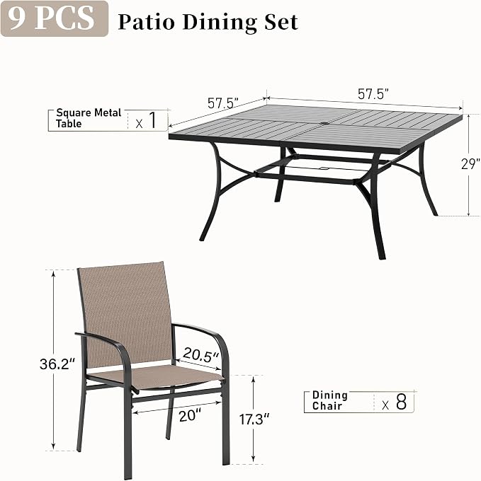 SUNSHINE VALLEY Patio Dining Set for 8, 57.5" x 57.5" Square Metal Table with Umbrella Hole, 8 x Stable Brown Dining Chairs, Outdoor Table and Chairs Set for Lawn Backyard and Deck