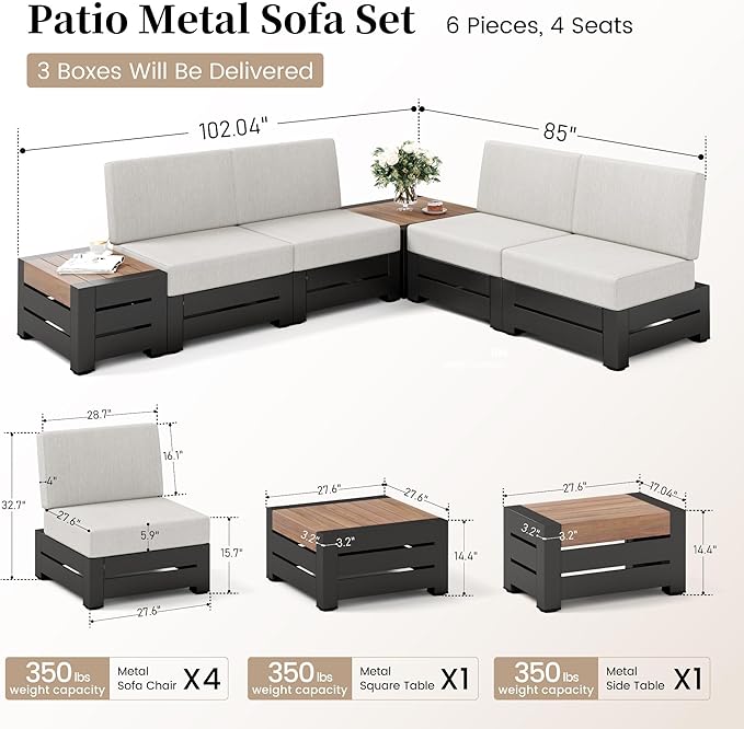 Upgraded 6-Piece Metal Patio Furniture Set with 5.9" Thick Cushion, Outdoor Sectional Furniture Conversation Set with Coffee Table & Side Table, Patio Modular L Shape Sofa for Backyard