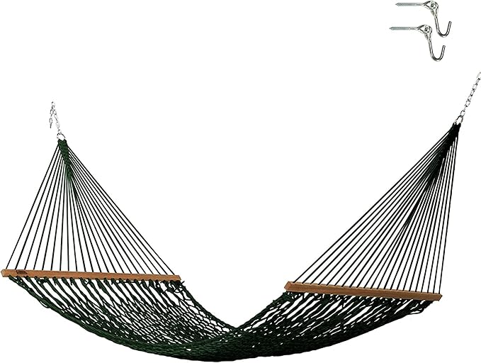 Hatteras Hammocks Large Green DuraCord Rope Hammock – 13 ft. x 55 in., 2-Person, 450 lb Capacity, Cumaru Spreader Bar, Zinc-Plated Hardware – Handcrafted in The USA