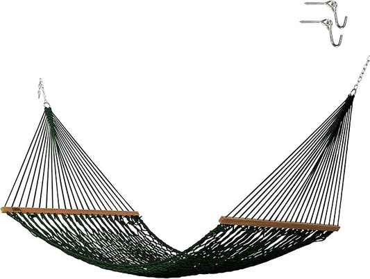 Hatteras Hammocks Large Green DuraCord Rope Hammock – 13 ft. x 55 in., 2-Person, 450 lb Capacity, Cumaru Spreader Bar, Zinc-Plated Hardware – Handcrafted in The USA