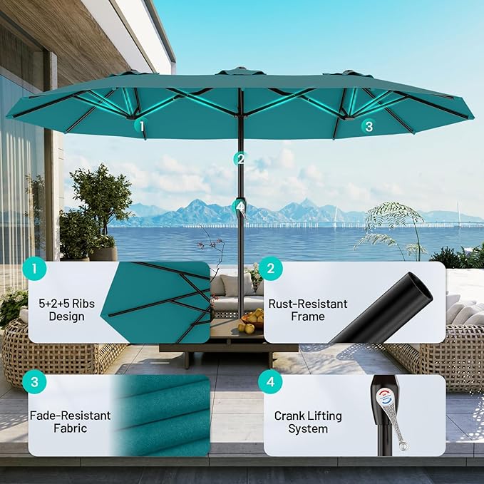 AreShark 15ft Patio Umbrella with Base, Double Sided Outdoor Umbrella with 12 Fiberglass Ribs, Large Outdoor Umbrella for Garden, Pool, Deck, Backyard & Market, Lake Blue