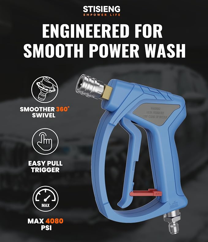 Short Pressure Washer Gun with 360° Swivel, High Pressure Stubby Power Washer Gun Kit with 5 Nozzle Tips, M22-14mm & 15mm Adapters, 3/8" QC for Car Wash Detailing & Cleaning (Blue)