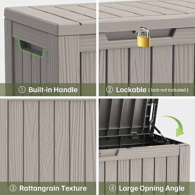 Outdoor Deck Storage Box, 90 Gallon Waterproof Deck Box, Resin, Lockable Patio Storage Box for Pool Accessories, Garden Tools, Cushion, Large Package Delivery，Weatherproof & UV-Resistant Storage Bench