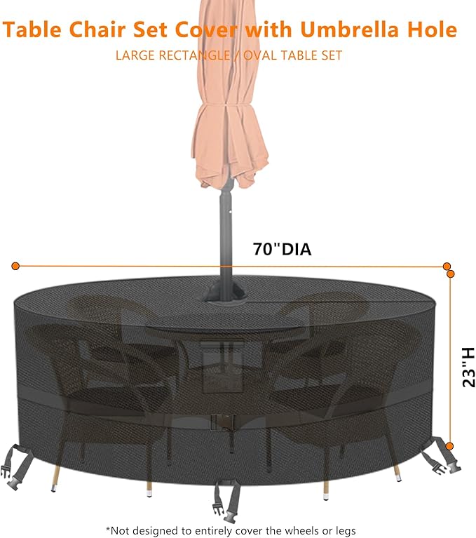 Kovshuiwe Round Patio Table Cover with Umbrella Hole - 70" Dia x 23.6" H Heavy Duty Waterproof 600D Oxford Fabric Outdoor Lawn Patio Furniture Covers (Cover Size，NOT Table Size)