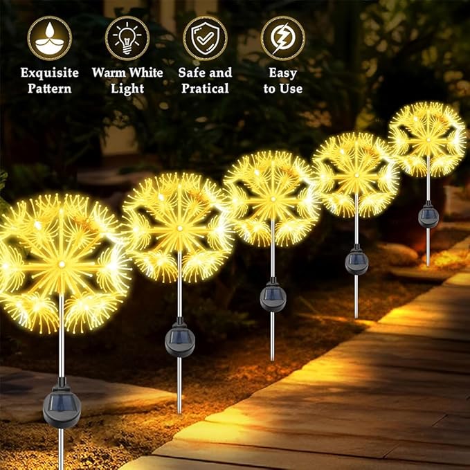 Solar Garden Lights Outdoor Waterproof Decorative, 2-Pack 19LED Warm White Fairy Light 8 Modes, Solar Firework Lights for Yard, Patio, Pathway, Garden Decor