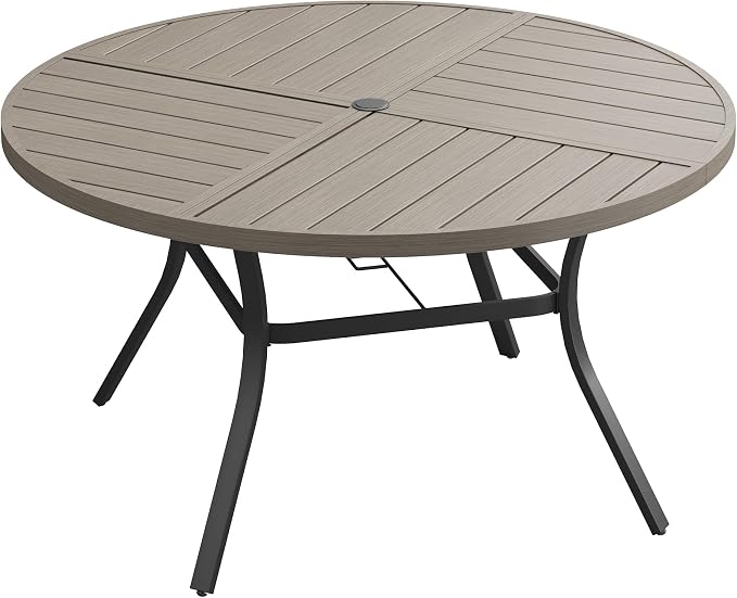 53.1" Outdoor Dining Table with Adjustable Umbrella Hole, Metal Slatted Round Patio Dining Table for Backyard Garden Deck, Antique Grey