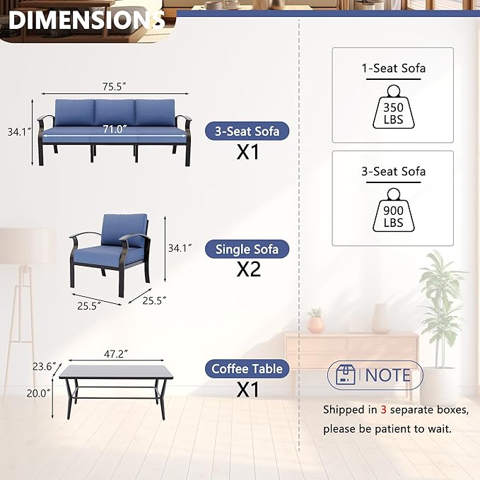 Kurapika Aluminum Patio Furniture Set 5-Seat Modern Metal Outdoor Conversation Sets w/5.1 Inch Cushion Patio Sectional Sofa with Rectangular Coffee Table, Navy Blue