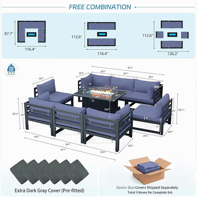 NICESOUL 9 Piece Oversized Modular Aluminum Outdoor Furniture Set with Fire Pit Table, 29" Deep Wide Sectional Seating, 500 lbs High Weight Capacity Patio Conversation Set for Garden Deck, Denim Blue