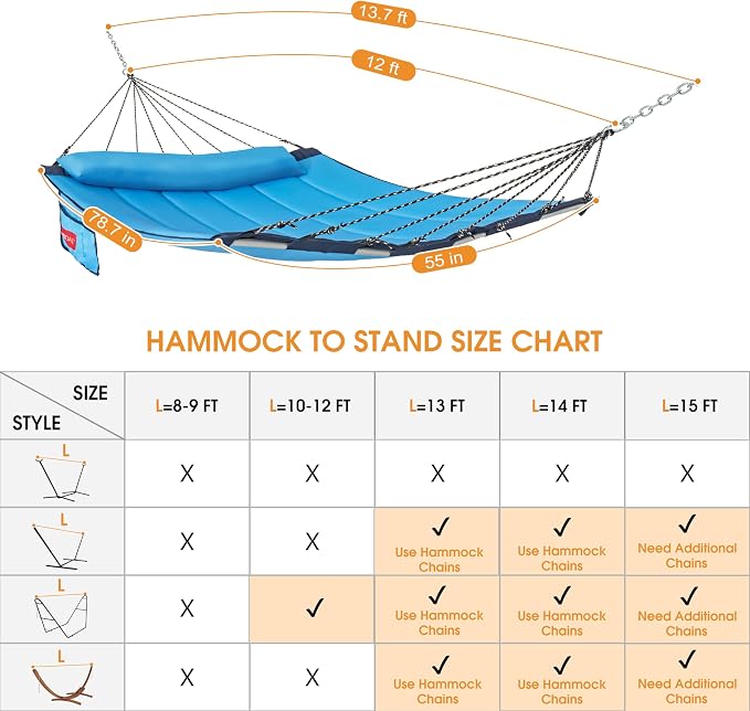 Lazy Daze Hammocks 12 FT Quilted Fabric Hammock with Curved Aluminium Spreader Bar, Double Hammock for Outside with Soft Pillow & Side Pocket 450 Lbs Capacity, Lake Blue