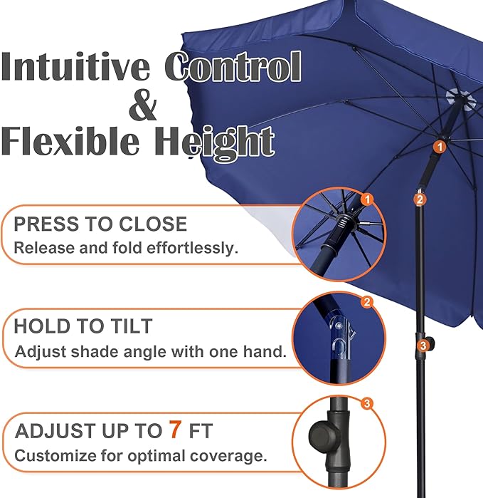 Blissun 6.5ft Patio Umbrella with Push Button Tilt & Height Adjustable, UV50+ Sun Protection with Sturdy Fiberglass Ribs & Iron Pole, Market Umbrella for Outdoor Table Garden Backyard Beach