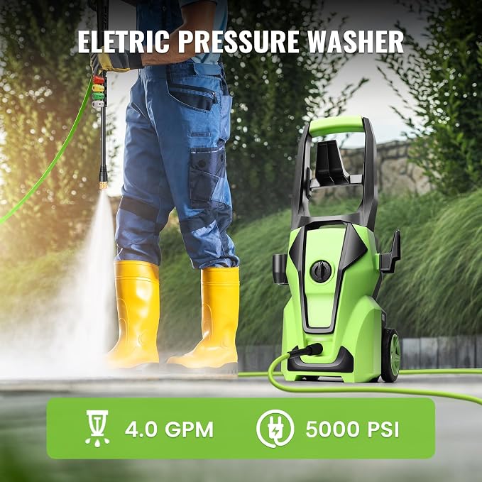 Professional 𝟓𝟎𝟎𝟎𝐏𝐒𝐈 𝐏𝐫𝐞𝐬𝐬𝐮𝐫𝐞 𝐖𝐚𝐬𝐡𝐞𝐫, Electric Power Washer with Foam Cannon,4 Nozzles,33FT Hose and Soap Bottle, Car/Driveway/Patio Clean,Green